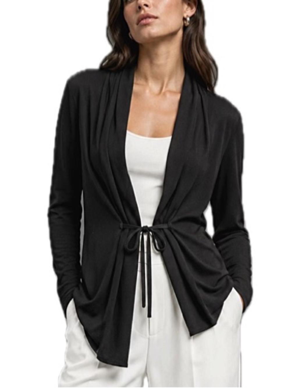 SISLEY Long Draped Cardigan Sweater Womens Size XS Black Lightweight Tie Duster